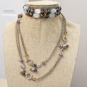 Ann Taylor Purple AB glass bead gold long necklace & stretch matching bracelet